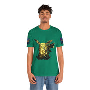 Person wearing a green t-shirt with a gold and black design on a white background