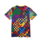 Colorful graphic t-shirt with abstract design on a white background