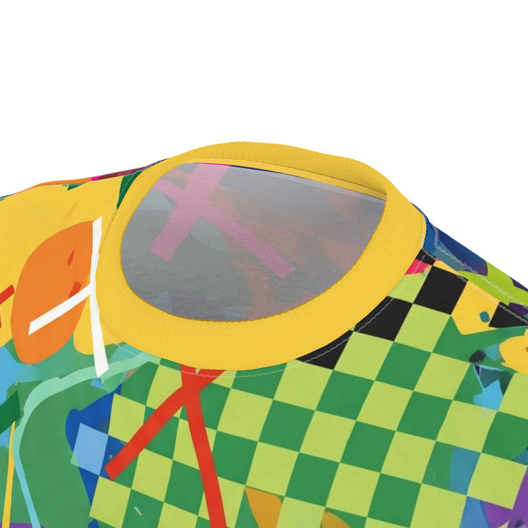 Colorful checkered shirt with a yellow collar on a white background