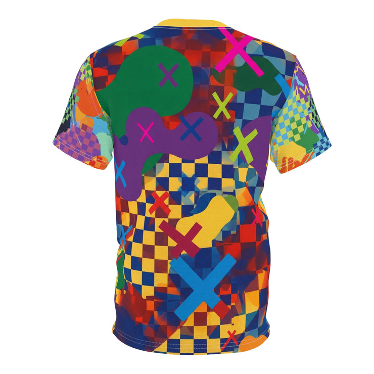 Colorful t-shirt with abstract patterns on a white background
