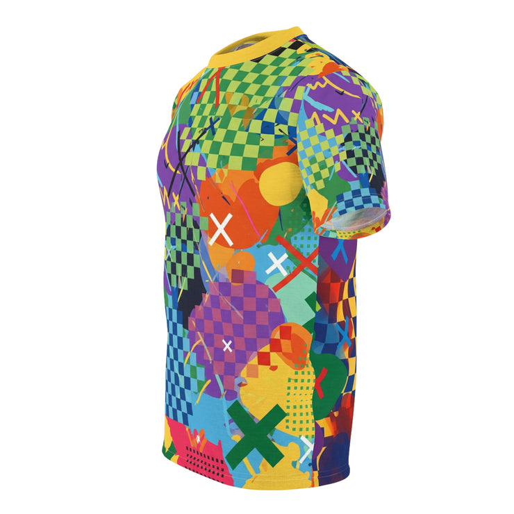 Colorful geometric patterned shirt on a white background