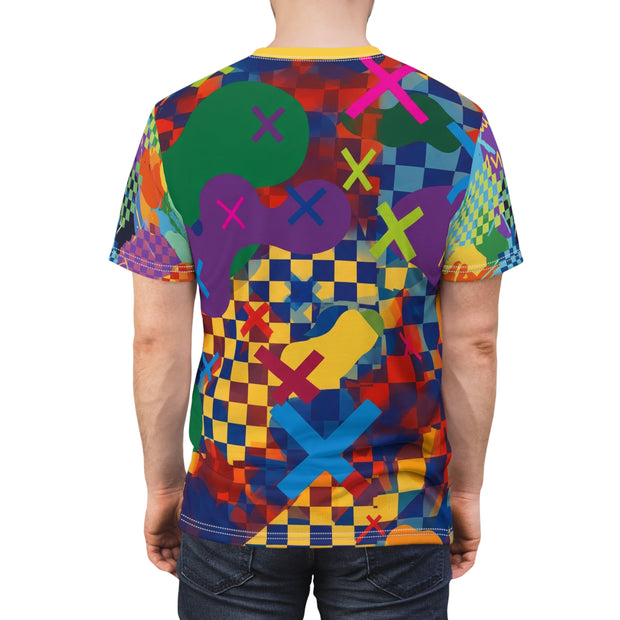 Multicolored abstract patterned t-shirt on a white background