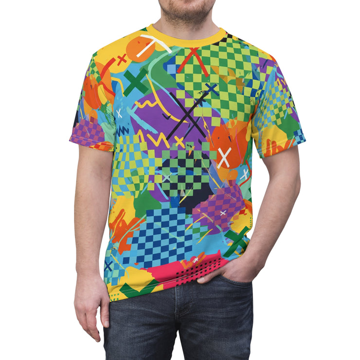 Person wearing a colorful geometric patterned t-shirt on a white background