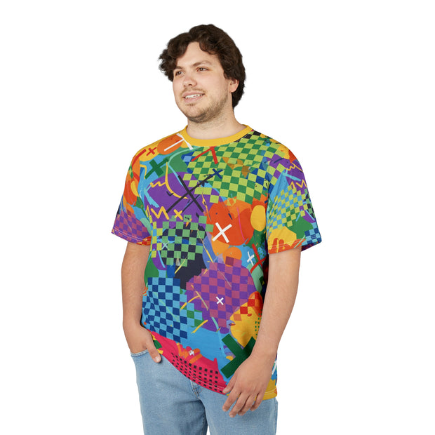 Person wearing a colorful patterned shirt on a white background