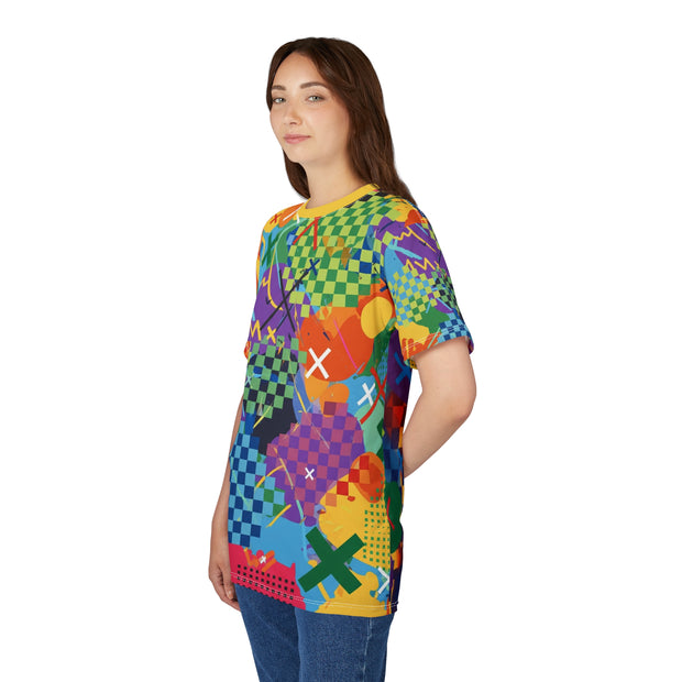 Woman wearing a colorful graphic t-shirt on a white background