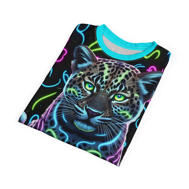 T-shirt with a colorful leopard design on a white background