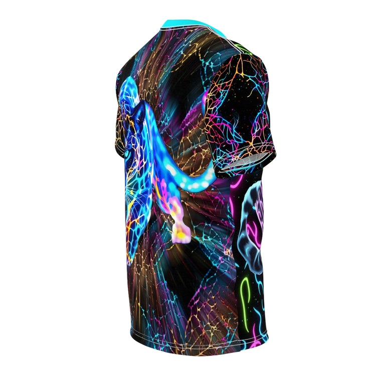 Colorful abstract design on a sleeveless shirt against a white background
