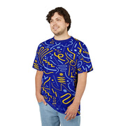 Person wearing a blue t-shirt with yellow patterns on a white background