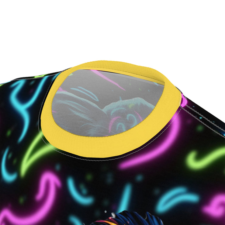 Neon patterned product with a yellow circular feature on a white background