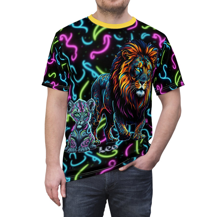 T-shirt with a colorful lion and cub design on a black background