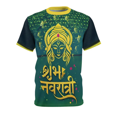 Navratri  MaaDurga Green and yellow t-shirt with a design and text on a white background