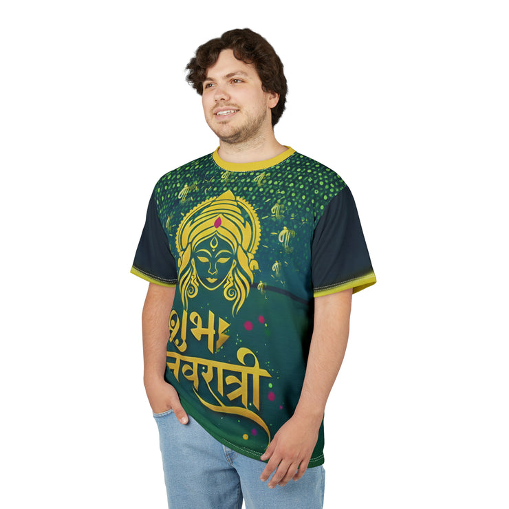 Person wearing a green and black t-shirt with yellow graphics and text on a white background