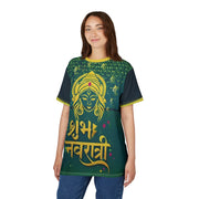 Woman wearing a green and yellow 'Navratri' themed t-shirt with a design on a white background