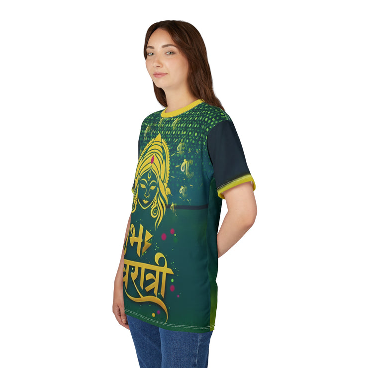 Woman wearing a green and yellow patterned shirt with text on a white background