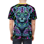 T-shirt with a colorful neon Baby Lion design on a plain background
