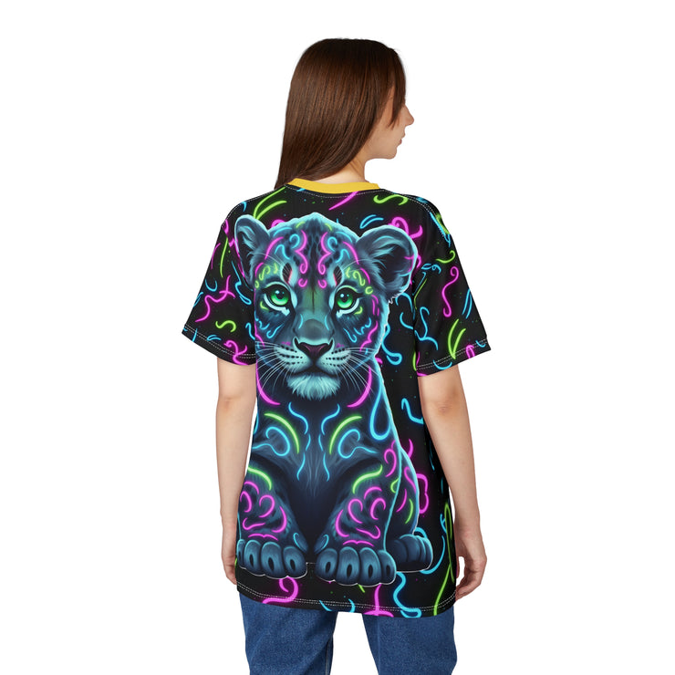 Woman wearing a t-shirt with a colorful Baby Lion design on a white background