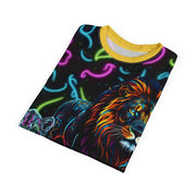 Neon-colored t-shirt with a lion design on a white background