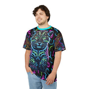 Person wearing a colorful t-shirt with a Leopard design on a white background