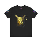 Black t-shirt with gold graphic design on a white background