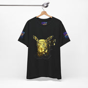 Black t-shirt with a gold graphic design on a hanger against a white background