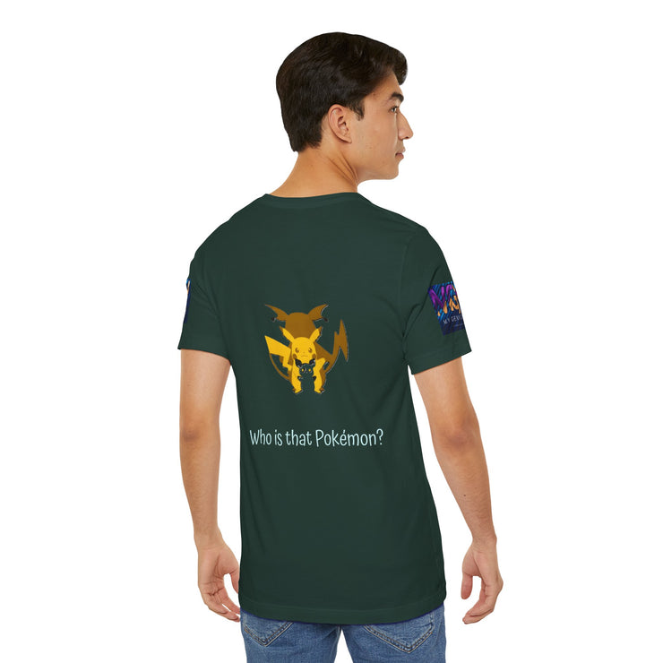 Man wearing a Black Heather t-shirt with a Pokémon graphic and text on the back, on a white background