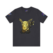 Black t-shirt with a gold and black graphic design on a white background