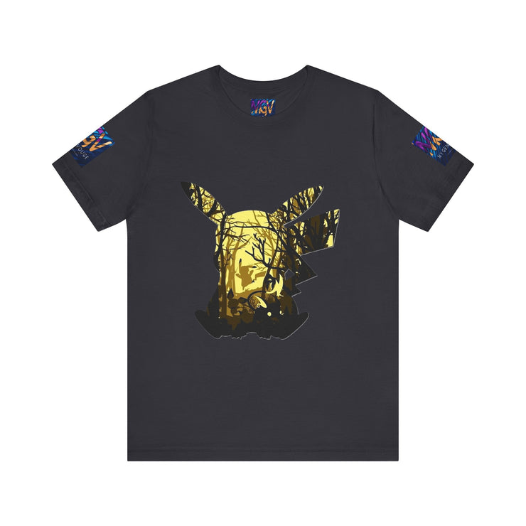 Black t-shirt with a gold and black graphic design on a white background