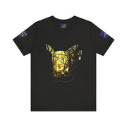 Black t-shirt with a gold graphic design on a white background