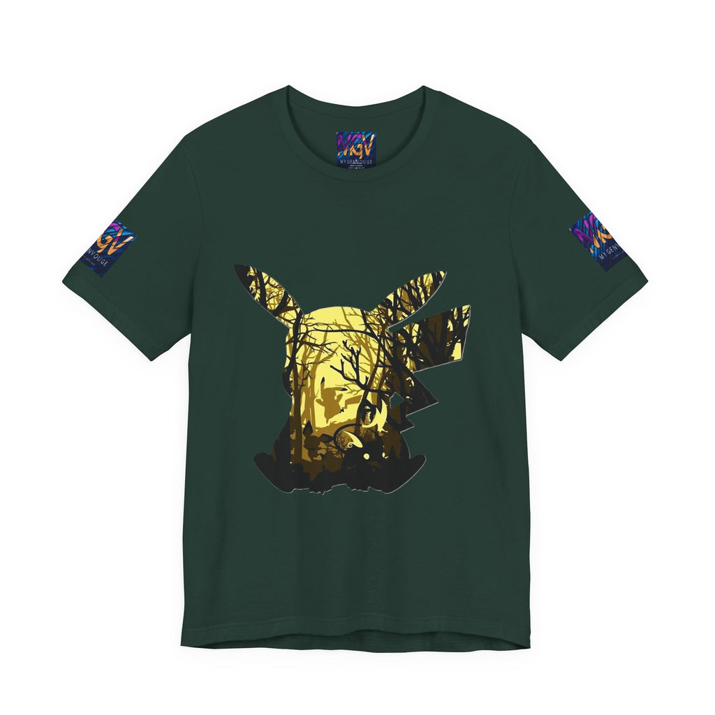 Brown t-shirt with gold and black graphic design  Front side on a white background
