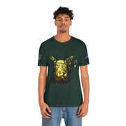 Man wearing a  Brown t-shirt with a gold and black design on a white background