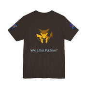 Dark Grey t-shirt with a yellow and red creature graphic and text 'Who is that Pokémon?' on a white background