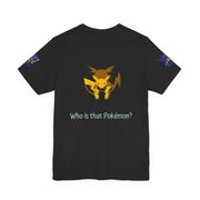 Black t-shirt with a yellow and black graphic of a Pokémon on the back, with text 'Who is that Pokémon?'
