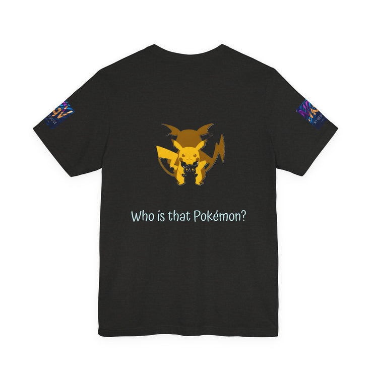 Black t-shirt with a yellow and black graphic of a Pokémon on the back, with text &