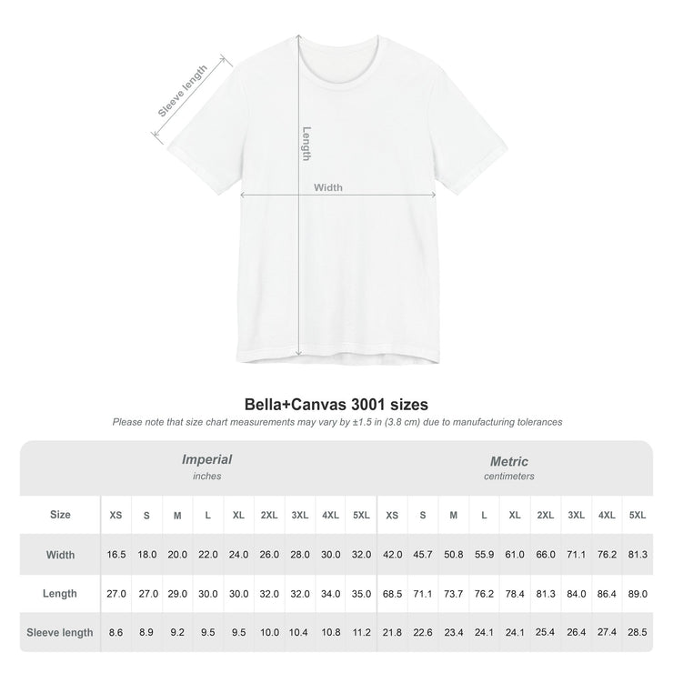 Dark Grey Heather t-shirt with measurement chart on a white background