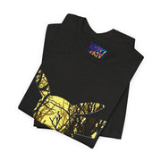 Black t-shirt with yellow tree design and colorful logo on a white background