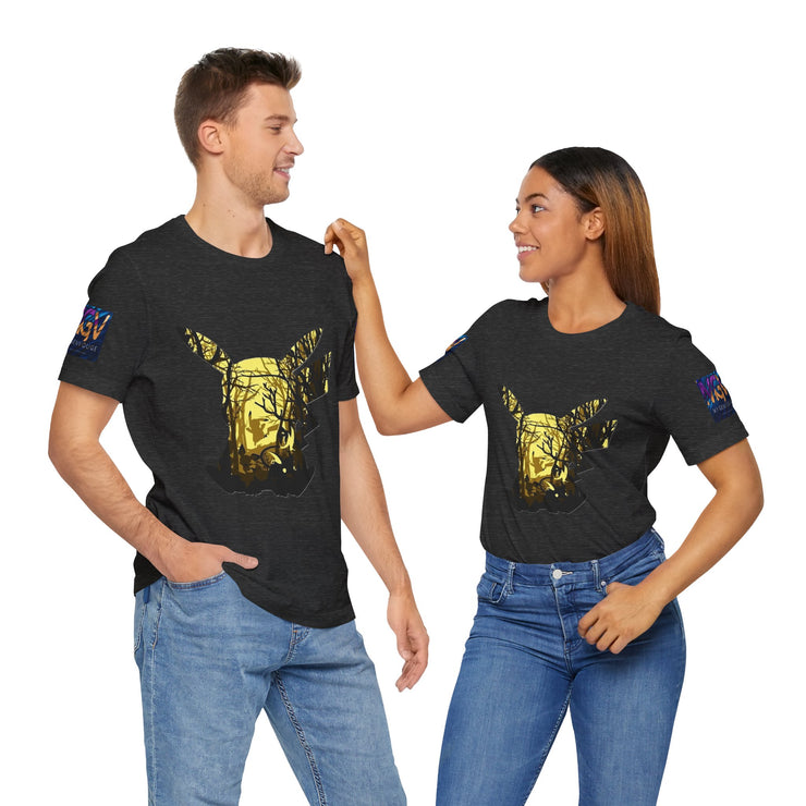 Two people wearing matching Dark Grey Heather t-shirts with a gold graphic design on a white background