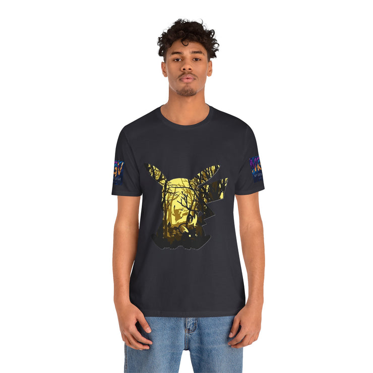 Person wearing a Dark Grey t-shirt with a gold graphic design on a white background