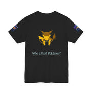 Dark Grey t-shirt with yellow graphic and text 'Who is that Pokemon?' on a white background