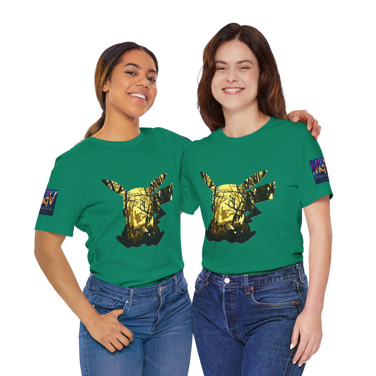 Two people wearing green t-shirts with a gold deer design on a white background