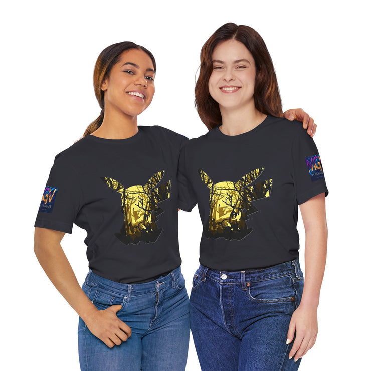 Two women wearing Forest t-shirts with gold graphic designs on a white background