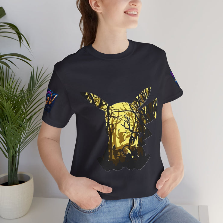 Person wearing a Forest t-shirt with a gold butterfly design, standing indoors next to a plant.