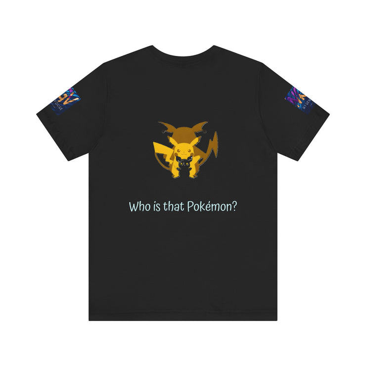 Black t-shirt with a yellow and orange graphic of a Pokémon on the chest and &