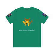 Kelly Back t-shirt with a cartoon character and 'Who is that Pokemon?' text on a white background