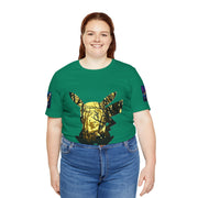 Person wearing a Kelly t-shirt with a gold deer design on a white background