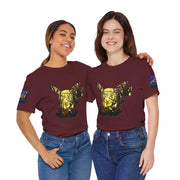 Two women wearing maroon t-shirts with a gold graphic design on a white background