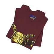Maroon t-shirt with a yellow and black tree design on a white background