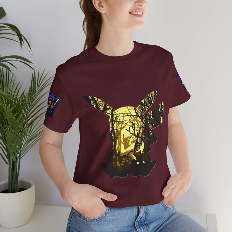 Person wearing a maroon t-shirt with a graphic design of a deer in a forest, standing indoors next to a plant.