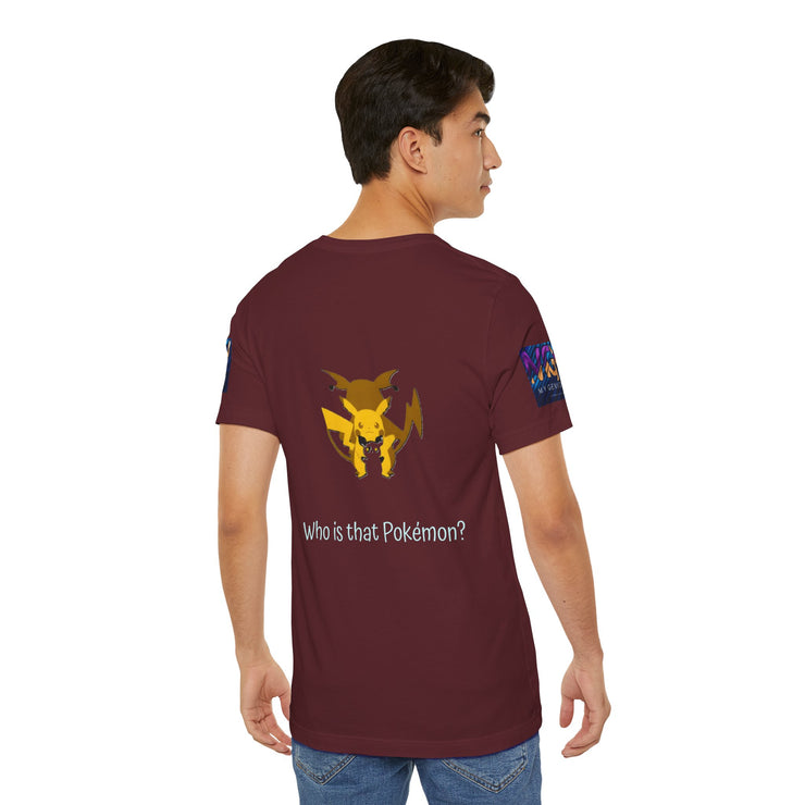 Man wearing a maroon t-shirt with a graphic and text &