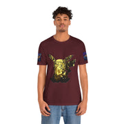 Man wearing a maroon t-shirt with a graphic design on a white background