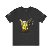 Black t-shirt with a gold graphic design on a white background
